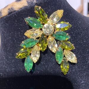 Vintage Yellow and Green Rhinestone Brooch in Gold Tone Hardware.